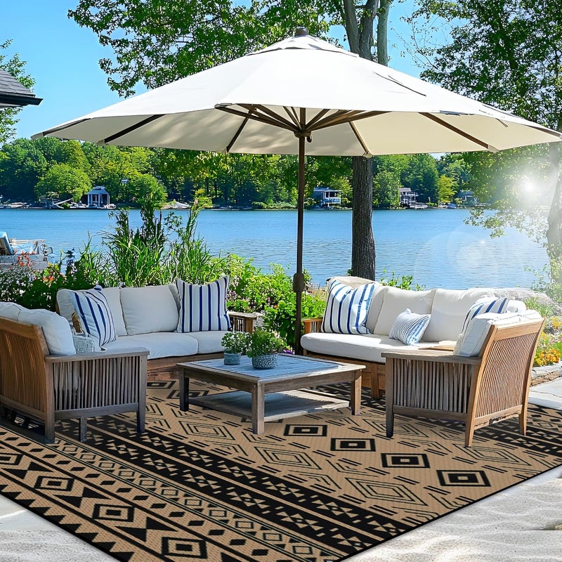 Wallona Outdoor Rugs 9x12 ft Patio Waterproof Clearance Indoor Outdoor Large Carpet for Patio Plastic Straw Reversible Area Rugs Mat for RV, Camping, Balcony, Beach, Picnic, Porch, Boho Black & Brown - Image 1
